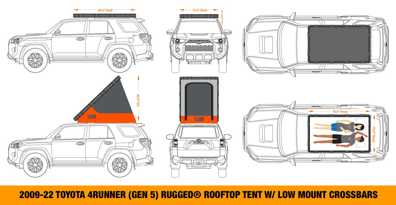 BA Rugged 2009-22 Toyota 4Runner (Gen 5) 2 Person Clamshell Rooftop Tent w/ Optional Panoramic Moonroof