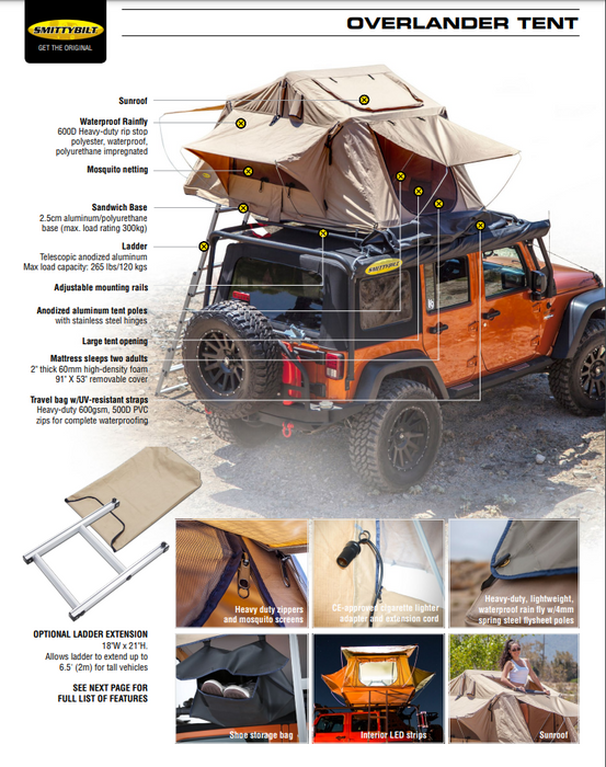 Smittybilt Fits 1997 to 2006 TJ Wrangler and Rubicon 2-3 Person Softshell Rooftop Tent Bundle